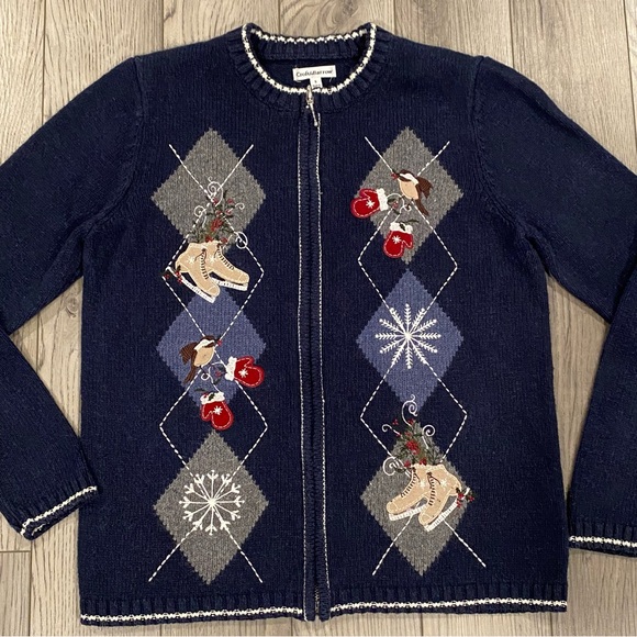 Croft & Barrow Full Zip Sweater Women’s S Embroidered Ice Skate Mittens Cardigan - Picture 2 of 16